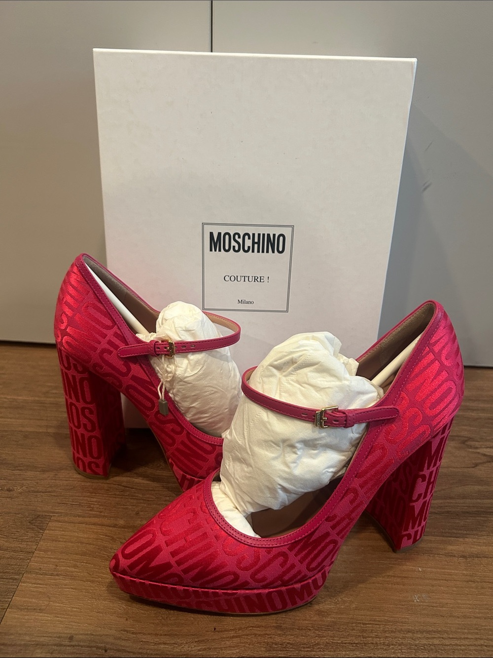 Moschino Hot Pink Logo Mary Jane Block Heels